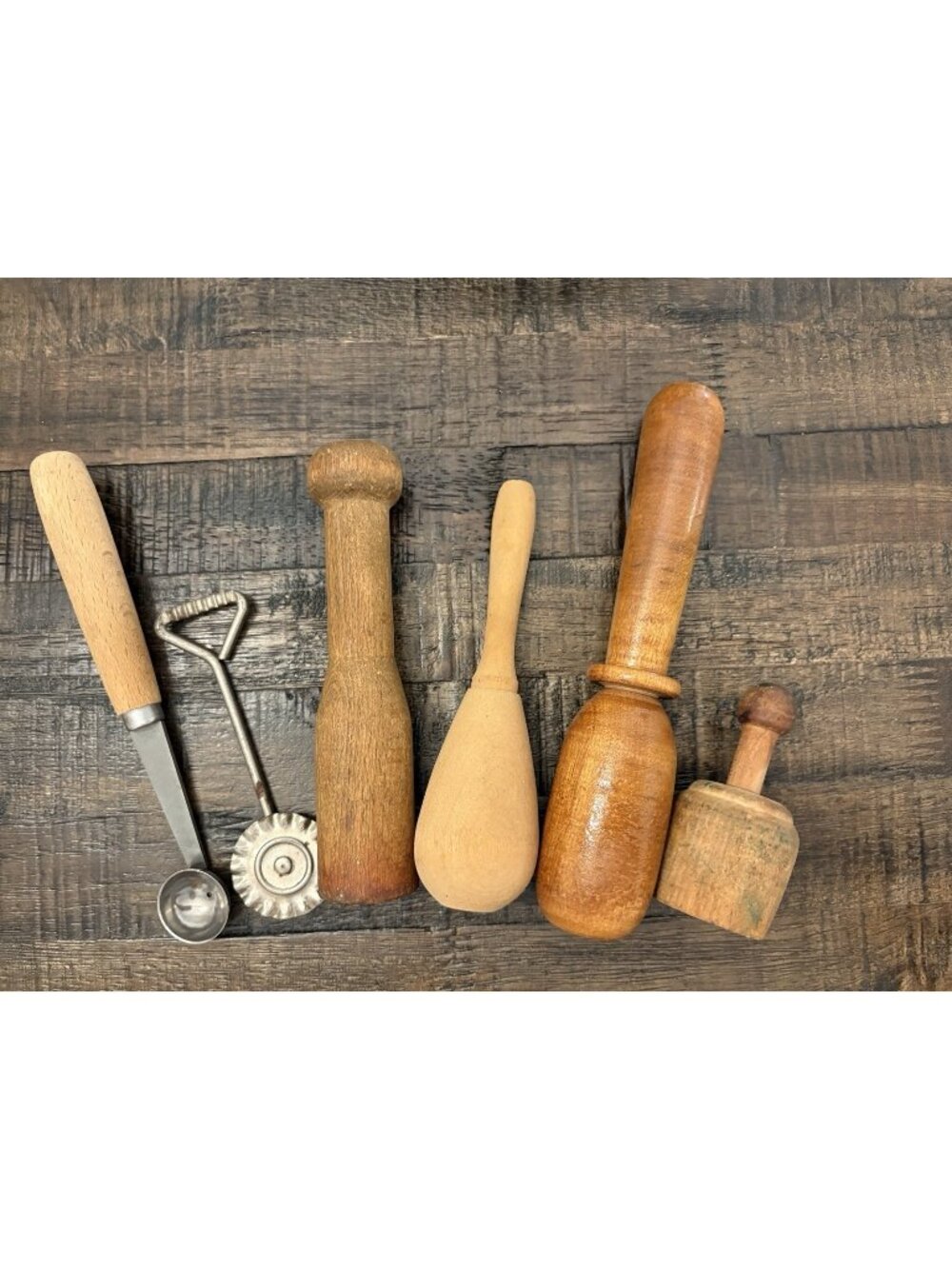 Antique Primitive Wooden Kitchen Tools Collection Pie Edger Masher Butter Stamp